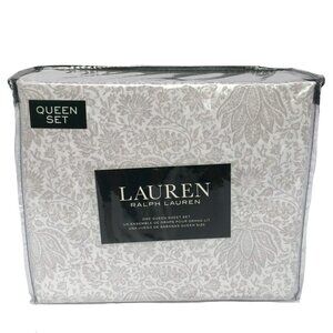 New! Ralph Lauren Queen Sheet Set 100% Cotton Floral Print Gray